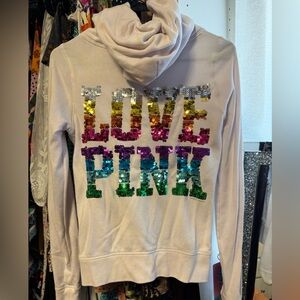 Vintage Victoria's Secret Pink Sequined White Zip-Up Hoodie